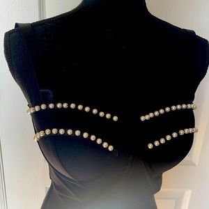 Satin black bustier accented with pearls